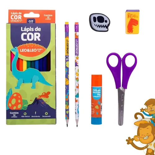 KIT ESCOLAR DINO LAPIS DE COR 12 CORES