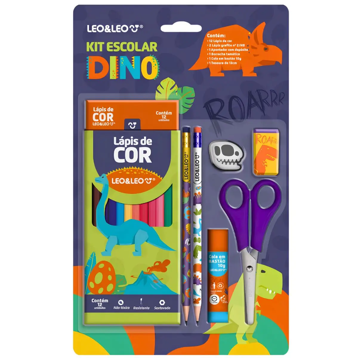KIT ESCOLAR DINO LAPIS DE COR 12 CORES